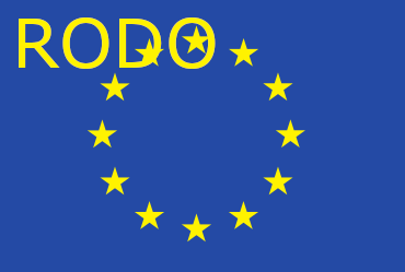 Flaga Unii Europejskiej z napisem RODO w lewym górnym rogu