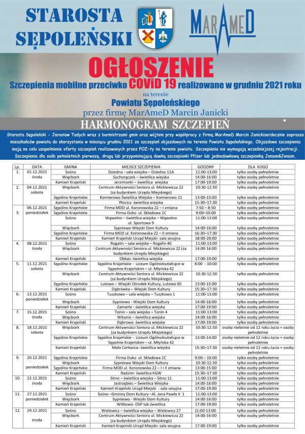 Plakat z zaproszeniem na szczepienia w miesiącu grudniu 2021 roku w powiecie sępoleńskim