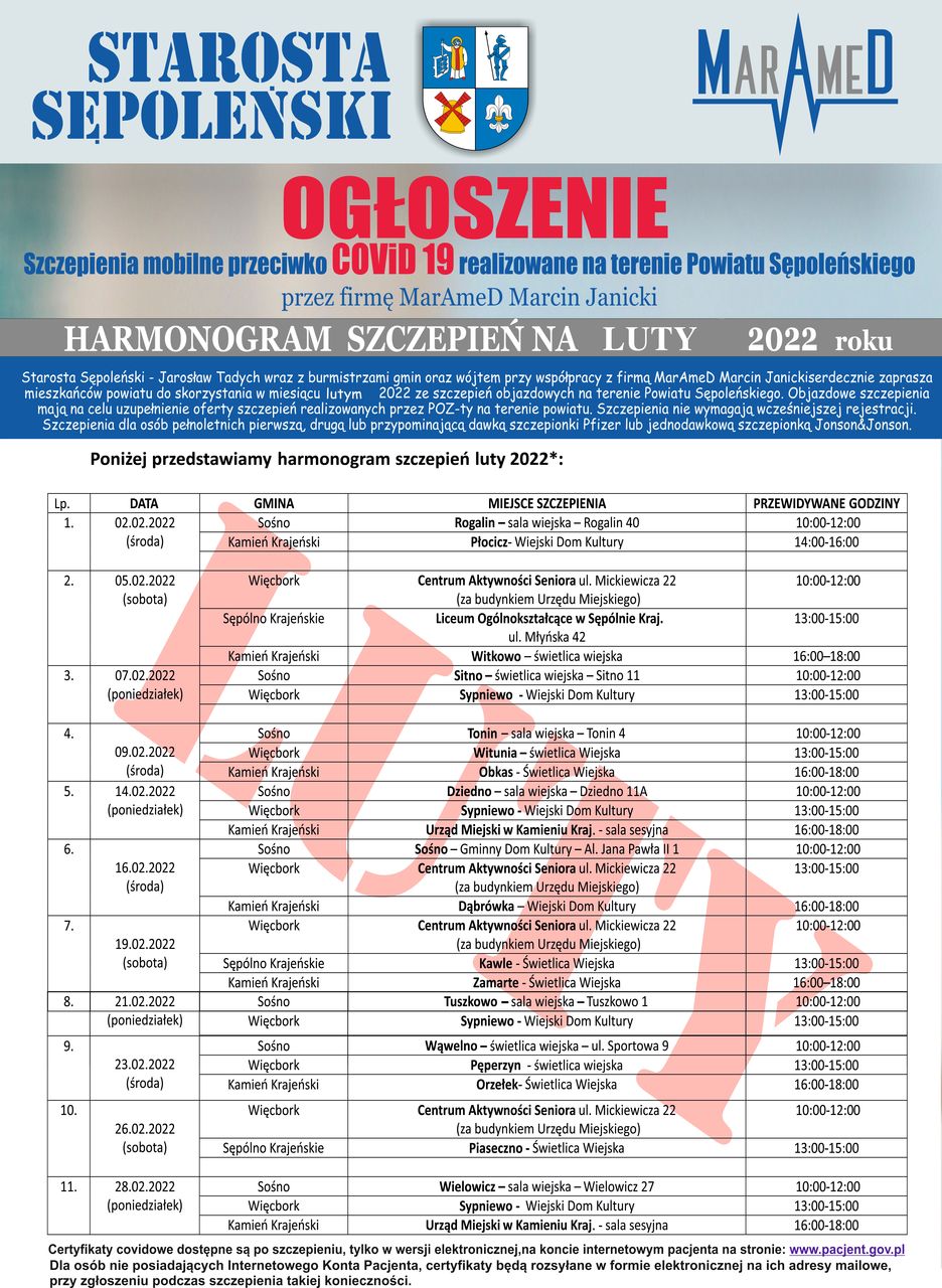 Plakat z zaproszeniem na szczepienia w miesiącu lutym 2022 roku w powiecie sępoleńskim