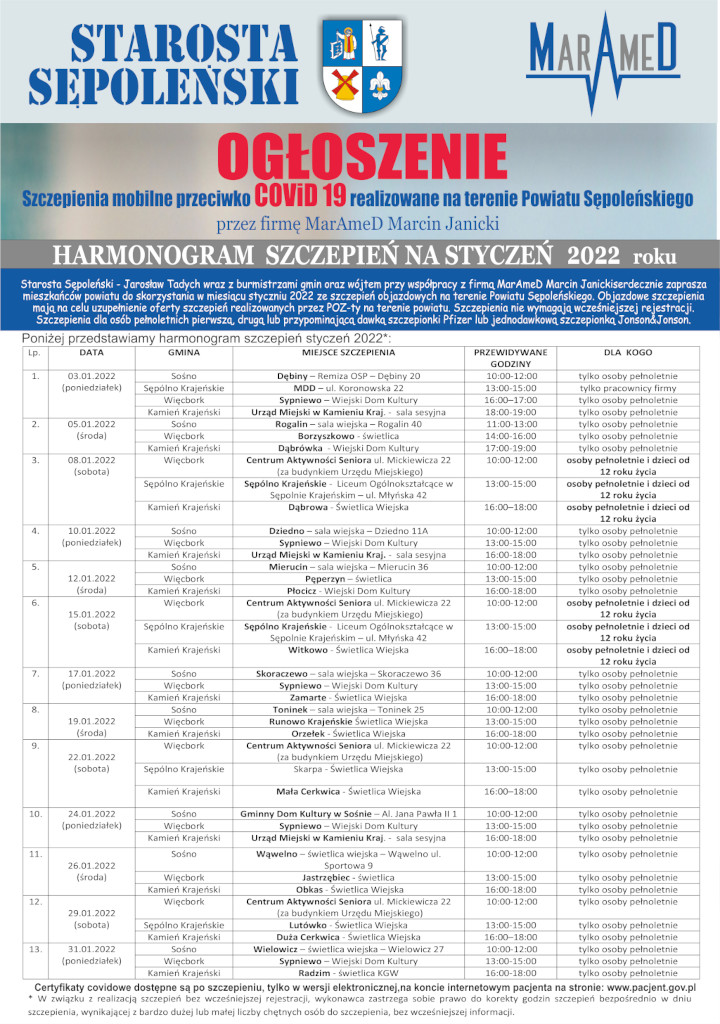 Plakat z zaproszeniem na szczepienia w miesiącu styczniu 2022 roku w powiecie sępoleńskim